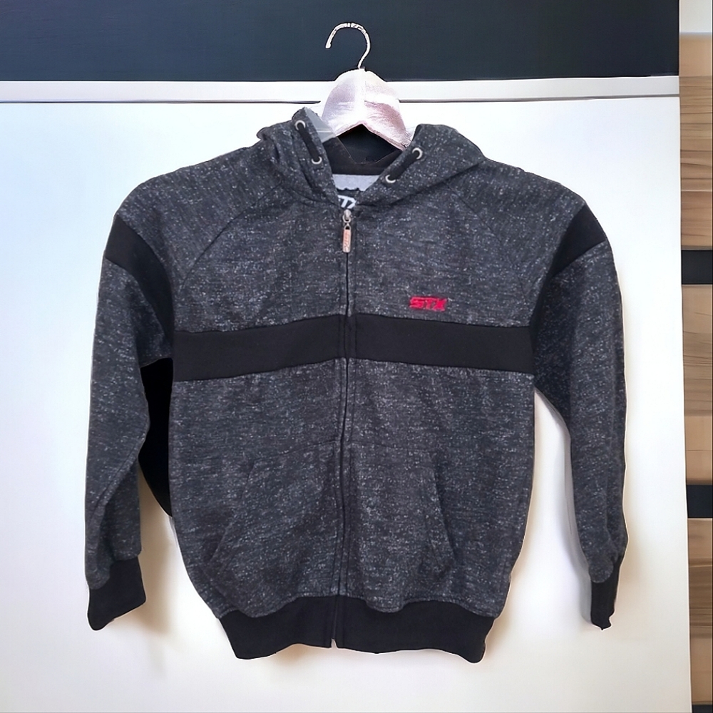 STX Boys Black & Gray Athletic Hooded Zip Jacket Size Medium (10-12)